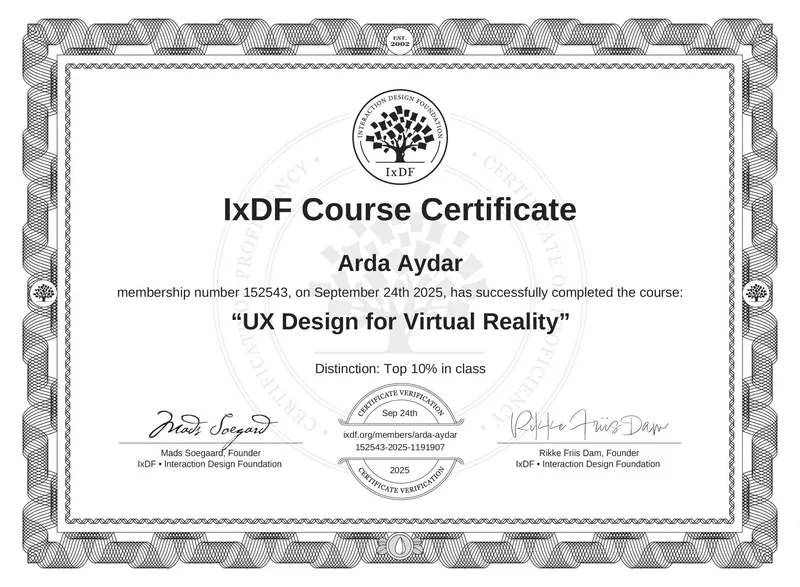 UX Design for Virtual Reality certificate